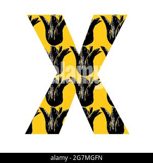 Letter X of the alphabet made with a pattern of black tulip on a yellow background, isolated on a white background Stock Photo