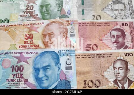 Close-up on a stack of Turkish Lira and Bosnia and Herzegovina convertible mark. Stock Photo