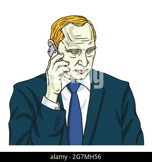 Vladimir Putin on Phone. Vector Portrait Cartoon Caricature Stock Vector