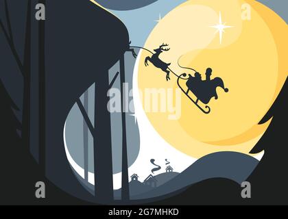 Santa flying in sleigh with reindeers in night sky. Christmas banner in flat style. Stock Vector