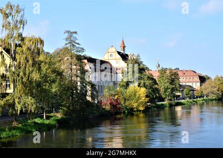 The historic quarter on the shore of Regnitz river at Bamberg, Germany Stock Photo
