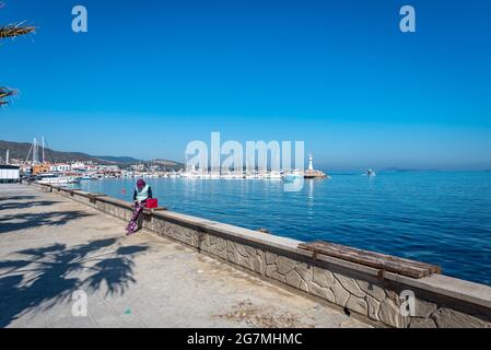 ISKELE, URLA, IZMIR, TURKEY. View on marina from the cafe on the pier Stock Photo