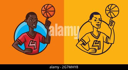 Man spinning ball on finger in different styles. Basketball concept art. Stock Vector