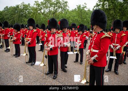 The Bands of the Household Division during a rehearsal at Wellington Barracks, London as part of their preparations for their forthcoming The Sword and The Crown musical, their first public performance since June 2019. Picture date: Thursday July 15, 2021. Stock Photo