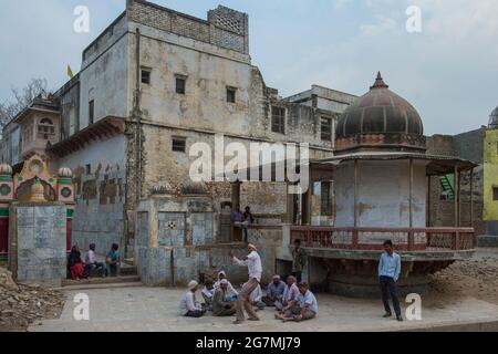 Holi celebrations in Vrindavarn, a town left high and dry from the Yamuna River. Stock Photo