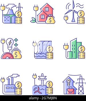 Energy prices RGB color icons set Stock Vector