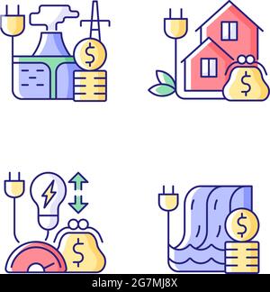 Electrical power cost RGB color icons set Stock Vector
