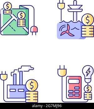 Electrical energy purchase expense RGB color icons set Stock Vector