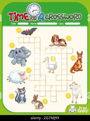 Crossword puzzle game template about animals illustration Stock Vector