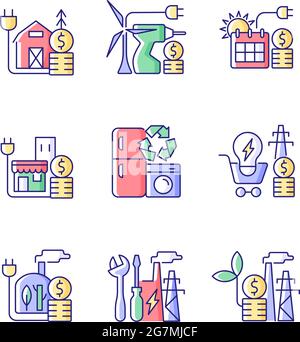 Electrical energy cost RGB color icons set Stock Vector