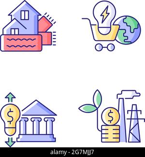 Renewable electrical energy cost RGB color icons set Stock Vector