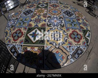 Sicilian artistic ceramic tiles table Stock Photo