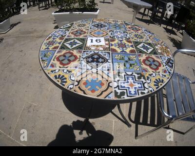Sicilian artistic ceramic tiles table Stock Photo