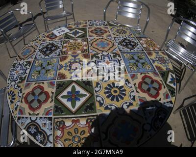 Sicilian artistic ceramic tiles table Stock Photo