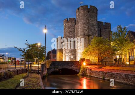 Canterbury Kent Westgate Towers a medieval gateway Westgate Gardens Great Stour river at night Canterbury Kent England UK GB Europe Stock Photo