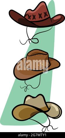 A set of 3 popular stylish cowboy hats worn by cowboys in the wild west texas. Country Style Fashion Hats. Wild West Texas Country graphic elements. Stock Vector