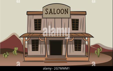Old Vintage Style Saloon in the middle of wild western desert of texas. Tshirt graphic for country theme apparels. Graphic Design Elements Isolated Ve Stock Vector
