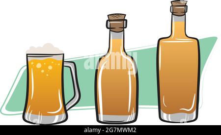 Drinks of the wild west texas. Saloon drinks Rum tequila and a frothy mug of beer. Cartoon Style Illustration of Alcohol Bottles. Stock Vector