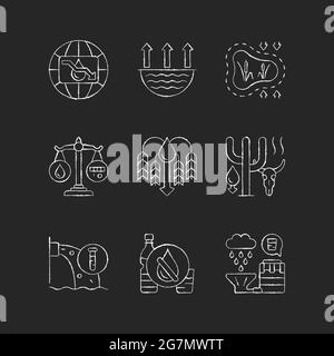 Water resources lacking chalk white icons set on dark background Stock Vector