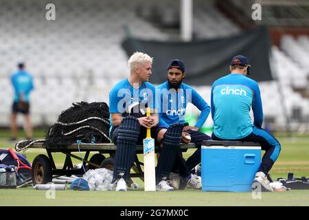 England's Jason Roy and Adil Rashid during the nets session at Trent Bridge, Nottingham. Picture date: Thursday July 15, 2021. Stock Photo