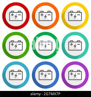 Battery, power storage vector icons, flat design colorful web buttons Stock Vector