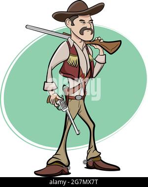 A set of 3 badass cowboys holding guns. Wild West Texas Country graphic elements. Cowboy Vector Elements Isolated on White Background. Stock Vector