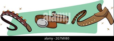 A set of 3 leather cowboy belts with bullet holders. Belt Buckle. Dynamic Neon Color Background. Wild West Texas Country graphic elements. Cowboy Vect Stock Vector