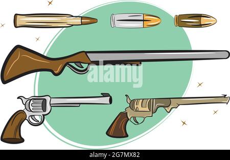 A Pack of Guns Pistols Rifles and Bullets used by cowboys in the wild western texas. Vintage style cartoon Illustrations of Weapons used in War. Wild Stock Vector