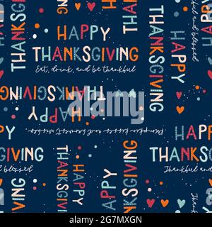Cute hand written Thanksgiving seamless pattern, doodle letters with decoration, great for textiles, banners, wallpapers, wrapping - vector design Stock Vector