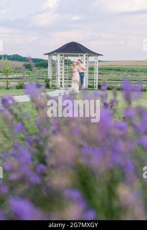 View through the flowering lavender of happy mature couple, man and woman in elegant clothes, standing near wooden gazebo on the shore of beautiful lake. Romantic date on the shore of the pond. Stock Photo