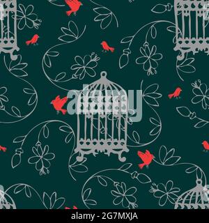 Seamless vector pattern with birdcage and pink birds on dark green background. Beautiful luxury floral wallpaper design. Romantic textile fashion. Stock Vector