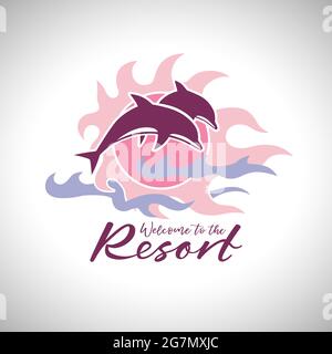 Jumping dolphins, sea line, burning sunrise logo concept. School of fish. Last minute deals creative logotype idea. Isolated abstract graphic design t Stock Vector