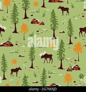 Seamless vector pattern with moose landscape on light green background. Canadian forest wallpaper design. Animal fabric fashion. Stock Vector