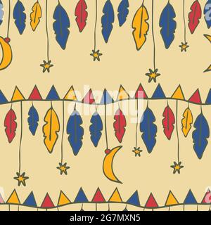Seamless vector pattern with hanging moon and stars on light pink background. Simple nursery wallpaper design with feathers. Children fashion textile. Stock Vector