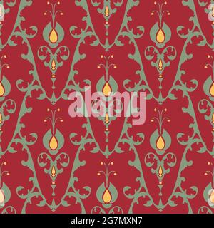 Seamless vector pattern Victorian style wallpaper design on red. Luxury repeat background with abstract flowers and leaves. Stock Vector
