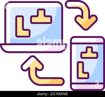 Cross platform online games RGB color icon. Isolated vector illustration.. Possibility to play in cooparative mode with friends. Using different hardw Stock Vector