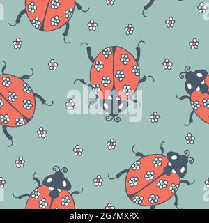 Seamless vector pattern with cute ladybugs on blue background. Simple pastel floral wallpaper design with ladybirds. Baby shower fashion textile. Stock Vector