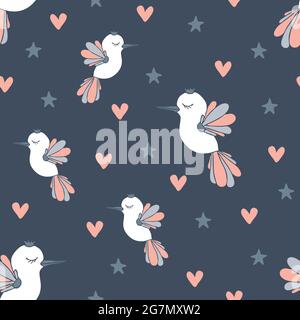 Seamless vector pattern with love birds and stars on blue background. Cute dreaming animal wallpaper design pastel colours. Stock Vector