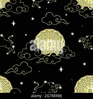 Seamless vector pattern with zodiac Taurus on black background. Dark astronomy sky wallpaper with moon. Chines horoscope fashion textile. Stock Vector
