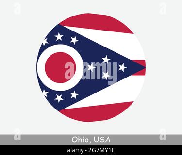 Ohio Round Circle Flag. OH USA State Circular Button Banner Icon. Ohio United States of America State Flag. The Buckeye State, Birthplace of Aviation, Stock Vector