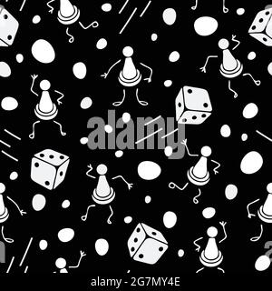Seamless vector pattern with board game pieces on black background. Fun cartoon wallpaper design with dice. Simple leisure fashion textile. Stock Vector