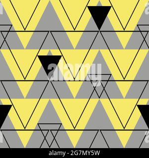 Seamless vector pattern with triangles on grey background. Modern geometrical wallpaper design. Funky fashion textile texture. Stock Vector