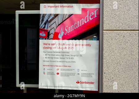 Windsor, Berkshire, UK. 14th July, 2021. The Santander branch in Windsor is closing down in August. Credit: Maureen McLean/Alamy Stock Photo