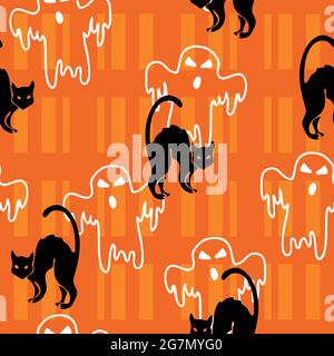 Seamless vector repeat pattern with black cats and ghosts on orange background. Halloween wallpaper design. Scary fashion textile. Stock Vector