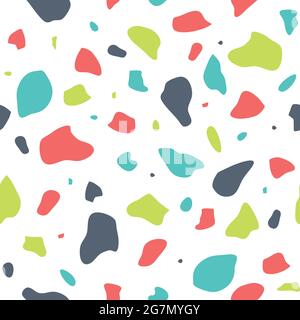 Seamless vector pattern with bright mosaic grid pieces on white background. Colourful terrazzo wallpaper design. Decorative fashion textile. Stock Vector