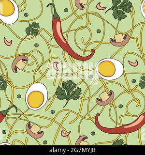 Seamless vector pattern with noodle soup ingredients on green background. Tasty food wallpaper design with hot paper, mushrooms and eggs. Stock Vector