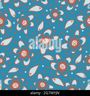 Seamless vector pattern with hand drawn flowers on bright blue background. Retro outlined floral wallpaper design. Daisy meadow fashion textile. Stock Vector