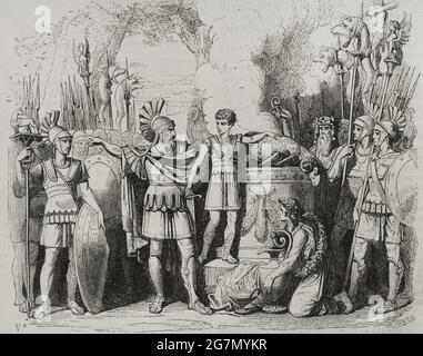 Hannibal Barca (247-183 BC). Carthaginian general and statesman. Hannibal in the Temple of Carthage with his father Hamilcar Barca, at the age of nine, taking an oath of eternal hatred of Rome by dipping his hands in the blood of the sacrificed animal. Engraving by Severini. Historia General de España by Father Mariana. Madrid, 1852. Author: José Severini (1838-1882). Spanish xylograph.