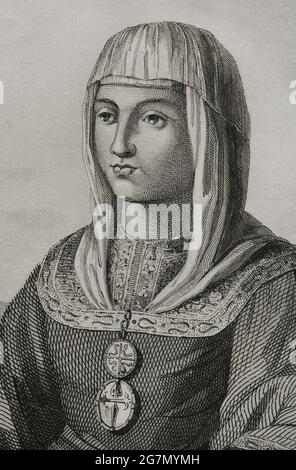 Joanna of Castile (known as Joanna the Mad) (1479-1555). Queen of Castile (1504-1555) and Aragon (from 1516), daughter of the Catholic Monarchs. Wife of Philip the Handsome. Portrait. Engraving by Antonio Roca Sallent. Las Glorias Nacionales, 1853. Author: Antonio Roca Sallent (1813-1864). Spanish engraver. Stock Photo