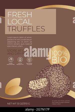 Fresh Local Mushrooms Label Template. Abstract Vector Packaging Design Layout. Modern Typography Banner with Hand Drawn Truffles Sketch Silhouette Stock Vector